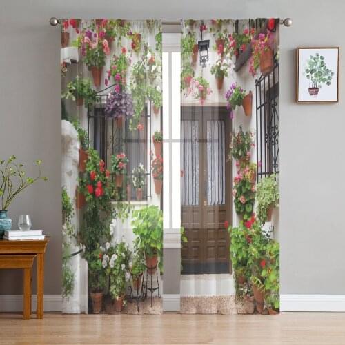 House Plant Flowers Tulle Sheer Window Curtains for Living Room Kitchen Children Bedroom Voile Hanging Curtain