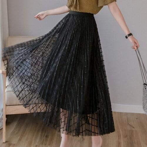 U-SWERA Spring Summer Midi Women Skirt High Waist A Line Geometric Kawaii Tulle Skirt Cute Long Pleated Skirt Female