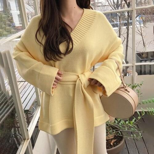 Yellow Knitted Sweater with Belt Loose Warm Autumn Winter Jumpers Korean V-Neck Long Sleeve Elegant Pullovers Oversized X561