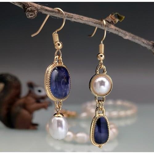 Womens Boho Asymmetry Drop Dangle Earrings Vintage Oval Purple Stone White Pearl Creative Statement Wedding Chandelier Earrings