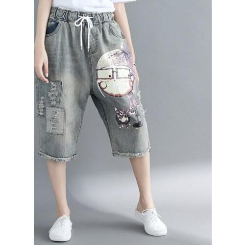 2019 Summer New Womens Basic Denim Jeans Elastic High Waist Casual Print Jeans Vintage Hole Loose Large Size Denim Pants R546