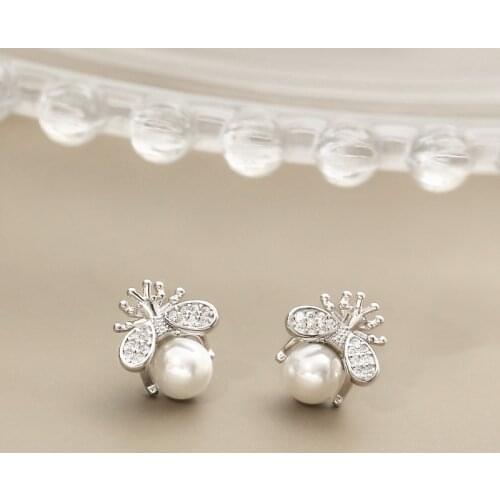 YC4528E S925 Silver Fashion Delicacy Cute Insect Bees Pearl Earring GIRLS Gift Party Banquet WOMENS Jewelry Stud Earrings 2021