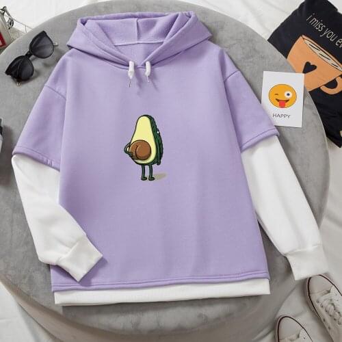 Female Harajuku Graphic Avocado Hoodies Oversized Sweatshirt Women Streetwear Thermal Color Block Soft 90s Patchwork Hoodie Cute