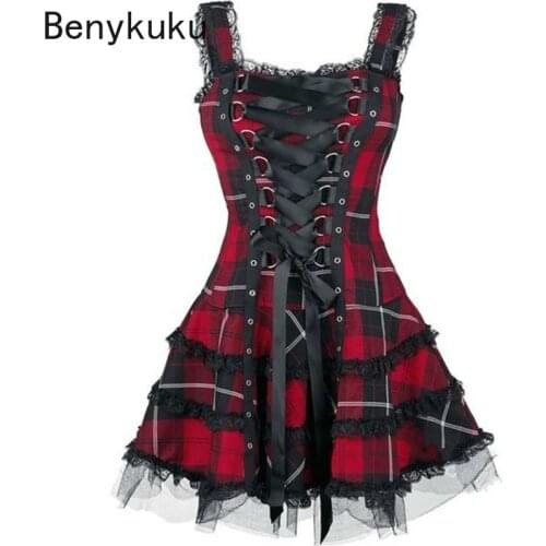 Gothic Punk Girls Plaid Mini Dress Lolita Style Women Sleeveless Lace Up Short Medieval Cosplay Summer Party Dress Plus Size 5XL
