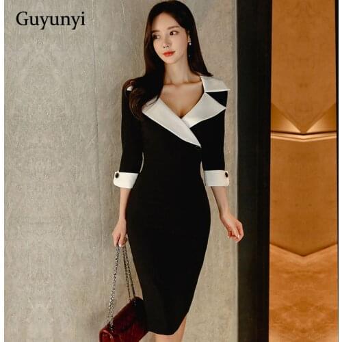 Elegant Pencil Office Lady Dress 2021 Spring Suit Collar High Waist 3/4 Sleeve Simple Black White Stitching Party Dress Women