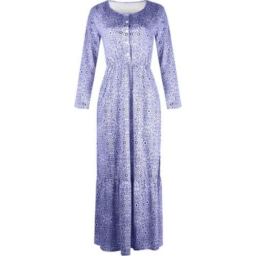 2021 Women Summer Maxi Dress Printed Split Ladies Long Sleeve Deep V Neck Round Neck Buttons Ruffled Hem Beach Dress