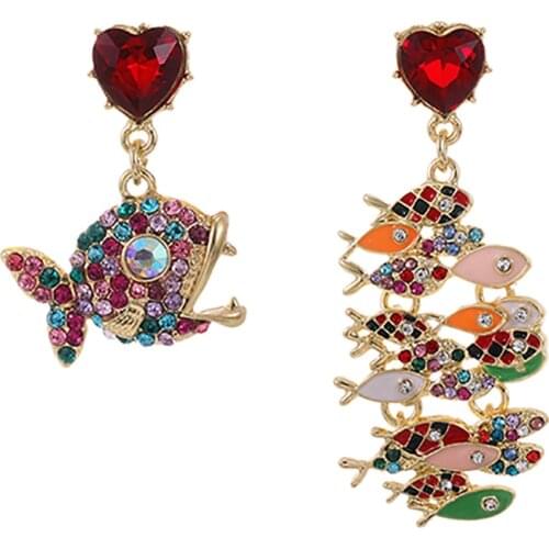 ZHINI New Personality Design Fish Dangle Earrings for Women Enthic Color Crystal Asymmetry Long Earring Wedding Jewelry brincos