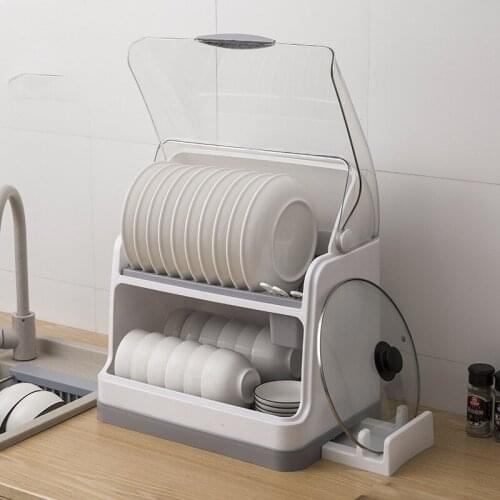 2 Layers Table Plastic Dish Rack Kitchen Storage Holder Drainer Bowl Tableware Dish Drying Rack Home Cupboard Organizer with lid