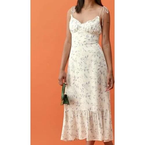 2021 Summer women party Printed Sundresses Lace-up Dresses French Tie-string Vestidos elegance temperament Ruffle hem Midi Dress