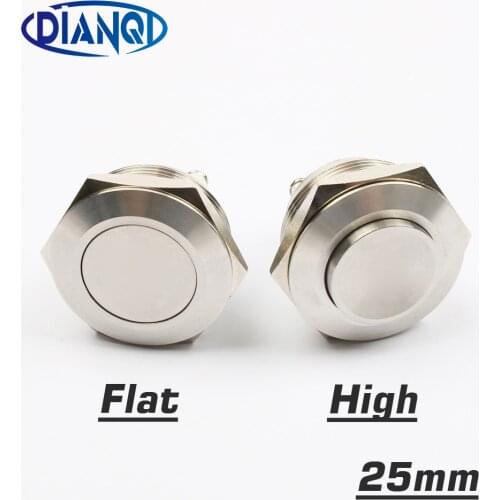 25mm stainless steel metal push button switch flat High round momentary 2 screw terminal car switches 1NO