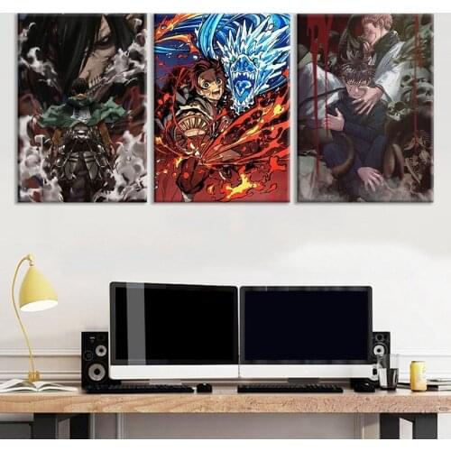 3 Panel Attack on Titan Jujutsu Kaisen Demon Slayer Anime Poster Wall Decor Oil Painting Canvas Picture Boy Room Home Decoration
