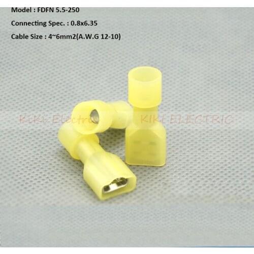 500pcs/lot Female Fully Insulated Joint (nylon) FDFN 5.5-250 Wire Connector Brass Terminals Suit for AWG:12-10 4-6 MM2 Cable