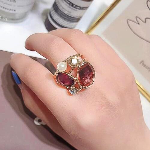 Kinel Luxury Party Women Rings With Red Crystal Round Circles Wide Rings Fashion Gold Bridal Wedding Vintage Jewelry