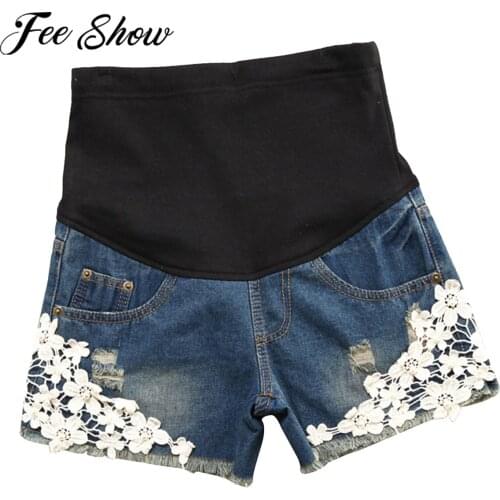 Summer Maternity Short Pants Pregnancy Lace Jeans Shorts Women Pregnant Adjustable Waist Denim Shorts Loose Plus Size Clothes