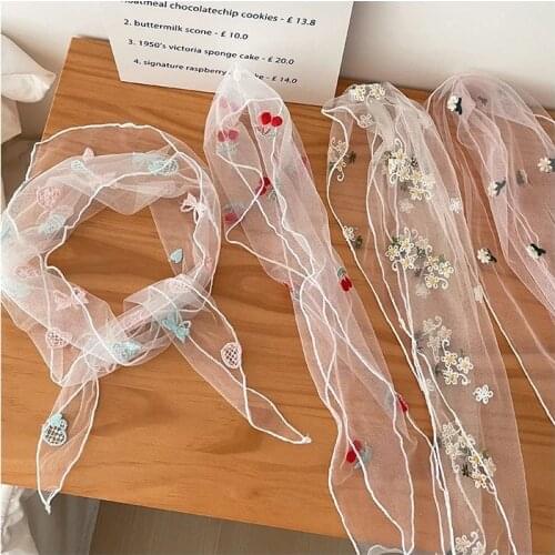 French retro embroidery flower silk scarf headband lace summer hair ribbon Hair Accessories