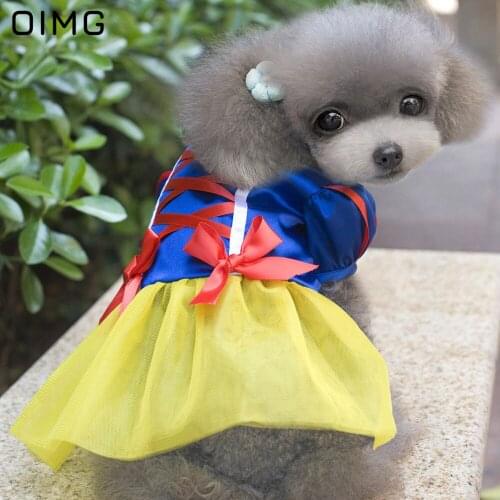 OIMG Summer Patchwork Princess Dog Dress Cotton Lace Up Snow White Cartoon Cosplay Dog Dresses For Small Dogs Cat Pet Skirts