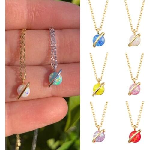 ISUEVA Planet Universe Starry Sky Galaxy Pendant Necklace 18K Gold Filled Fantasy Nebula Round Natural Opal Necklace For Women