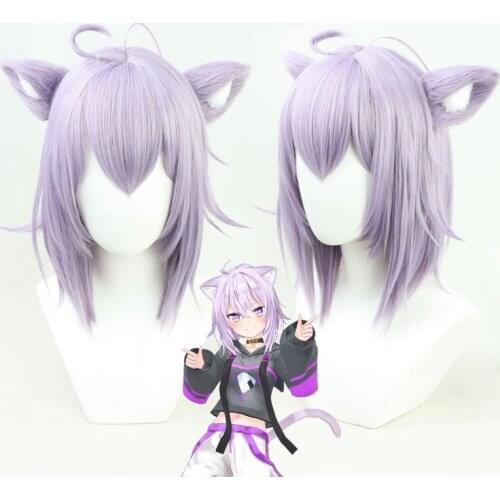 Anime Vtuber Hololive Nekomata Okayu Cosplay Wig with Ears Short Purple Synthetic Hair Wig Halloween Party + Free Wig Cap