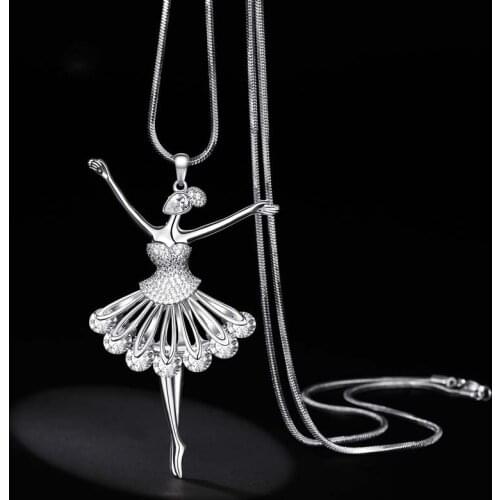 New Ballet Dancer Pendant Necklace Trendy Long Link Chain Rhinestone Necklaces for Women Jewelry Christmas Gift