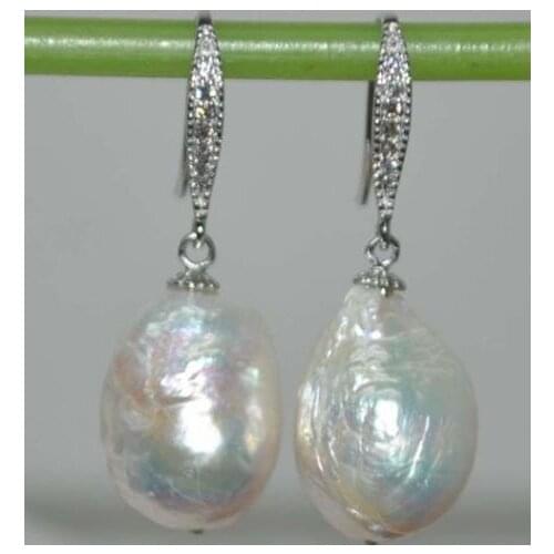 Charming pair of huge 12-14mm south sea white pearl dangle earring 925 sterling