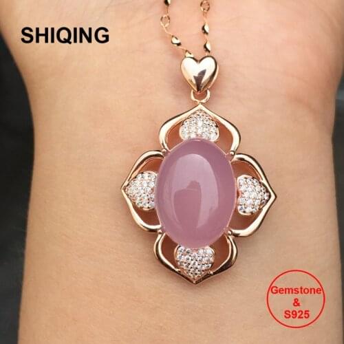 SHIQING Beauty nature pink chalcedony real 925 sterling silver big flower necklace for women