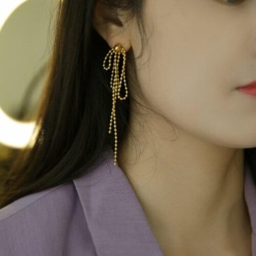 SRCOI Fashion Tassel Beads Chain Drop Earrings Gold Color Small Beads Bow Knot Long Earrings For Women Vintage Earrings Jewelry