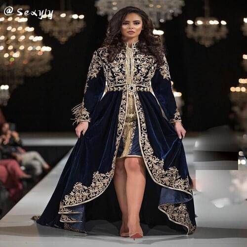 Navy Blue Moroccan Kaftan Evening Dress 2021 Vintage A Line Velvet Front Short Prom Dress Appliques Crystal Robe De Soirée