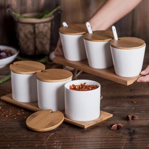 Japanese kitchen supplies seasoning box set straight bamboo cover three-piece ceramic seasoning container