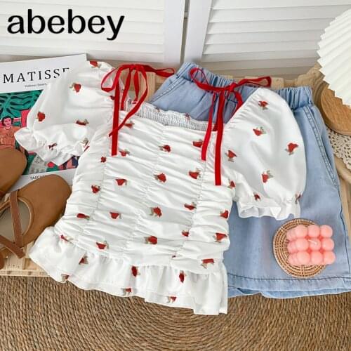 Sweet square collar puff sleeve Shirt bow bandage high waist pleated print short strap Shirt Top 2021 New Summer Women