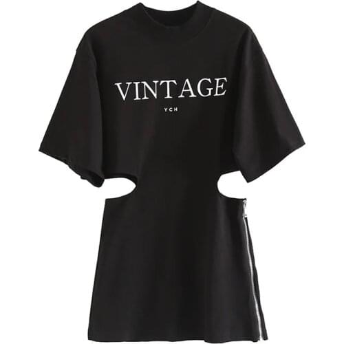 Waist Cut Out Side Zipper Short Sleeve Women Chic Fashion T-Shirt Long Losse Fit Top