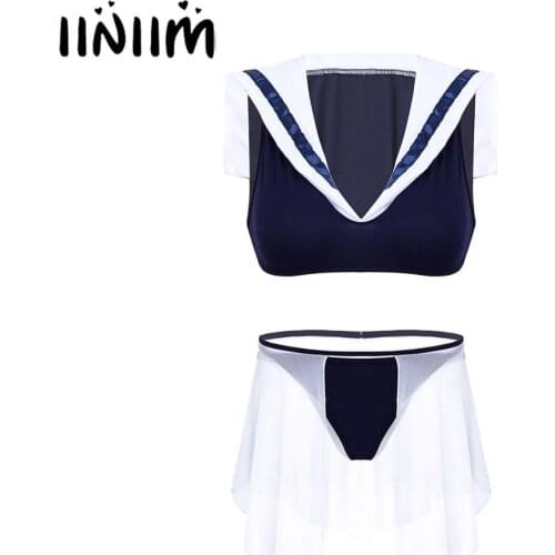Womens Schoolgirl Uniform Lingerie Set Sailor Fancy Dress Up Cosplay Costume Sleevess Crop Top with G-string for Night Clubwear