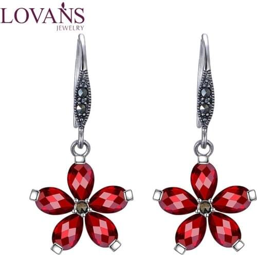 LOVANS 925 Silver Red Earrings For Women Zirconia Dangle Hoop Earrings Hypoallergenic Flower Shape Earrings For Wedding Festival
