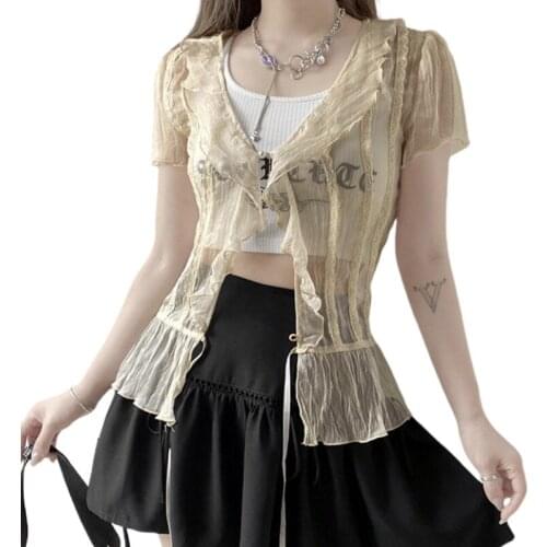 Womens Button Down Tops, Sexy V Neck Short Sleeve Solid Color Sheer Mesh Ruffle Shirts