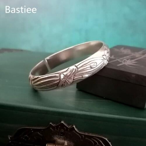 Bastiee Lotus Flower 9999 Sterling Silver Bangles For Women Cuff Bracelet Hmong Handmade Luxury Jewelry Vintage Ethnic Jewellery