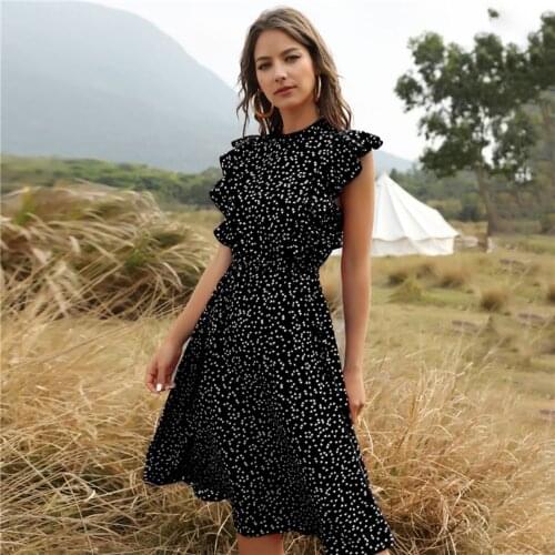 40# Dot Print Ruffles Dress Women Butterfly Sleeve Chiffon Dress Vintage Bohemian Dress Elegant Dresses Vestido Платье Летнее