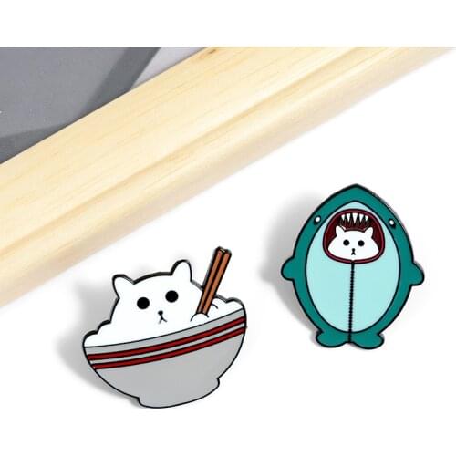 Animal cat Funny shark Creative brooch Personality brooch pin badge enamel cat in the bowl Delicious Food Lapel Pin BadgeJewelry