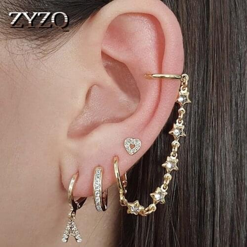 ZYZQ Sweet Double Love Hoops Tassel Chain Heart for Women CZ Crystal Ear Cuff Cartilage Earrings Set Female Brincos