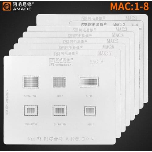 Amaoe MAC1-8 BGA Stencil For Macbook Pro A1989 A1990 A2159 A1706 A1534 A1932 MAC CPU RAM SSD T2 Power WiFi Chip IC Steel Mesh