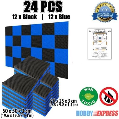 Arrowzoom Blue and Black Pack Egg Crate Convoluted Acoustic Tile Panel Studio Soundproofing Foam Treatment 24 pcs KK1052