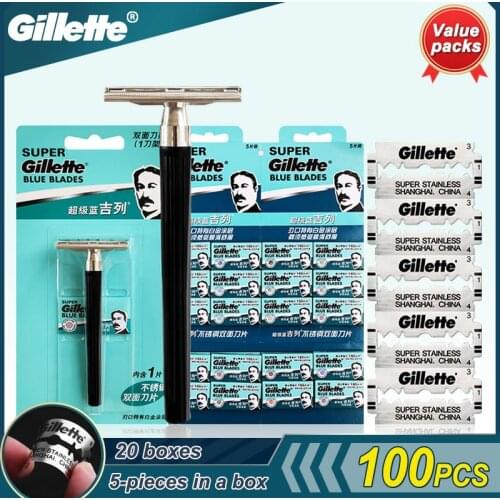 Gillette Super Blue Shaving Razor For Men Knife Holder+ Blades Official Authentic Safety Razors Face Care For Men Manual Shaving