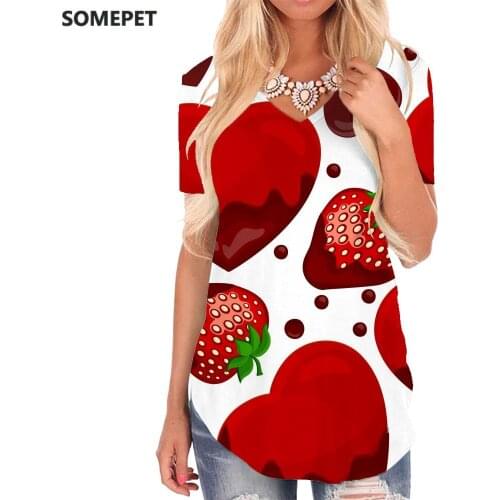 SOMEPET Strawberry T Shirt Women Food V-neck Tshirt Cartoons Shirt Print Love T-shirts 3d Womens Clothing Punk Rock Printed