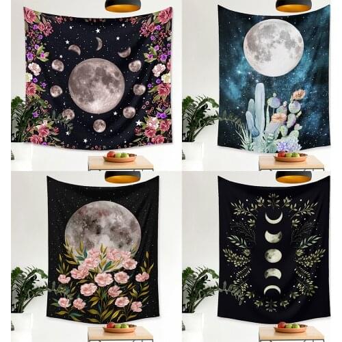 Flower Moon Phase Wall Hanging Tapestry Home Art Room Decoration Bohemian Black Tapestries for Badroom Living room Dorm