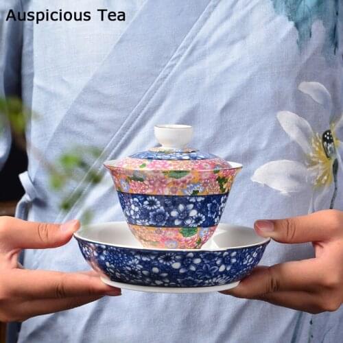 160ml Handmade Ceramics Gaiwan Dehua Exquisite Enamel Color Tea Bowl Hand-painted Tea Travel Teaware Drinkware Office Decoration