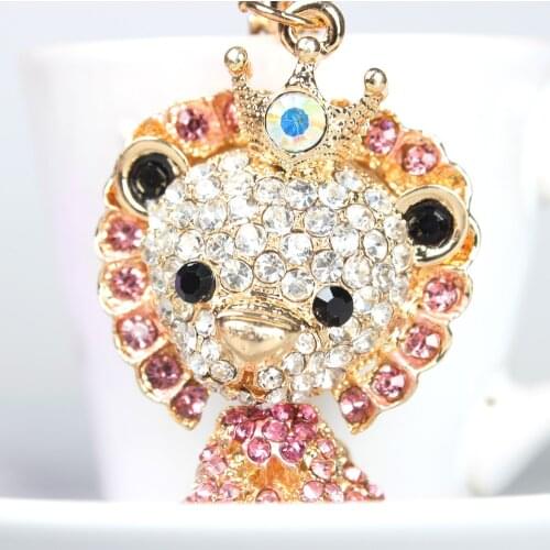 Pink Lion Leo King Lovely Crownling Fashion Rhinestone Crystal Purse Bag car Key Ring chain Jewelry Gift Brutal-style New Arrive