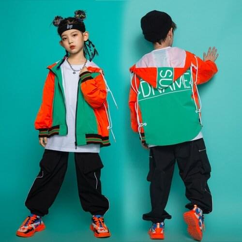 Kids Boys Girls Streetwear Hip Hop Hooded Jacket Overcoat Children Streetwear Hip Hop Casual Coat Outerwear Stage Clothing