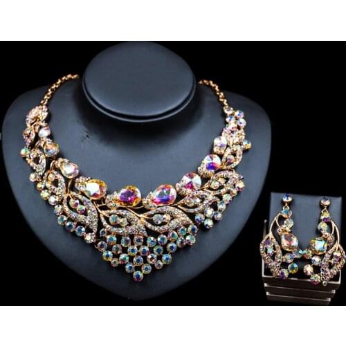 LAN PALACE indian jewelry sets for women gold color glass necklace and earrings for wedding six colors free shipping