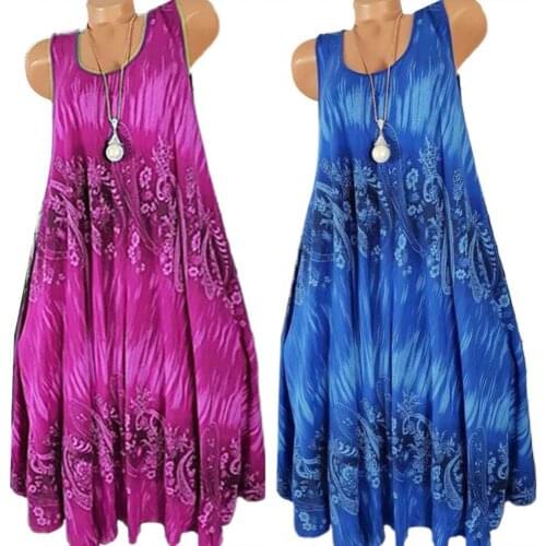 Hot Sales!!! Women Summer Floral Print Round Neck Sleeveless Loose Pleated Plus Tank Dress