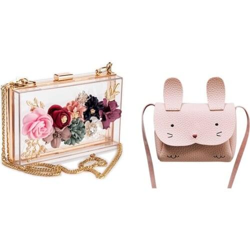 Mini Shoulder Bag Children Messenger Bag (Pink) & Women PVC+ Fabric Flower Clutches Crossbody Floral Purse