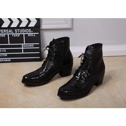 Mens shoes high heel black python skin cowboy boots mens ankle boots chelsea bota masculina lace up winter shoes men motorcycle
