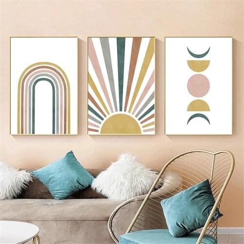 Boho Rainbow Wall Art Poster Sun Moon Art Print Skyline Canvas Painting Middle Century Picture Abstract Living Room Home Decor